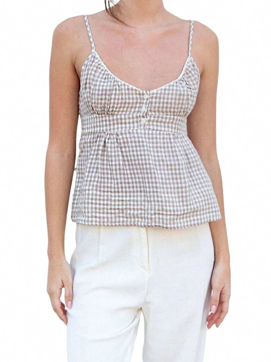 Women Tank Tops & Camis - 棕色格子 - 查看 1