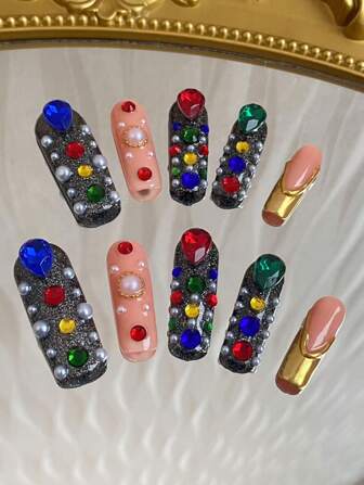 10 件纯手工制作的 33 毫米方形盔甲圣诞树花环，满钻，非常适合节日佩戴，可重复使用，按压指甲，美甲用品，美甲