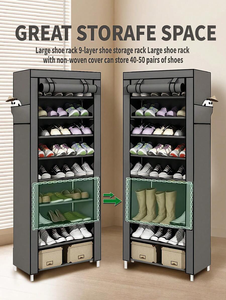 Large Shoe Rack,9 Tier Shoe Organizer With Nonwoven Fabric Cover, Shoe Storage Shelf For 40-50 Pairs Of Shoes, Entryway, Suitable For Sneakers, High Heels, Flats, And Boots, Grey - Xám - Xem 1