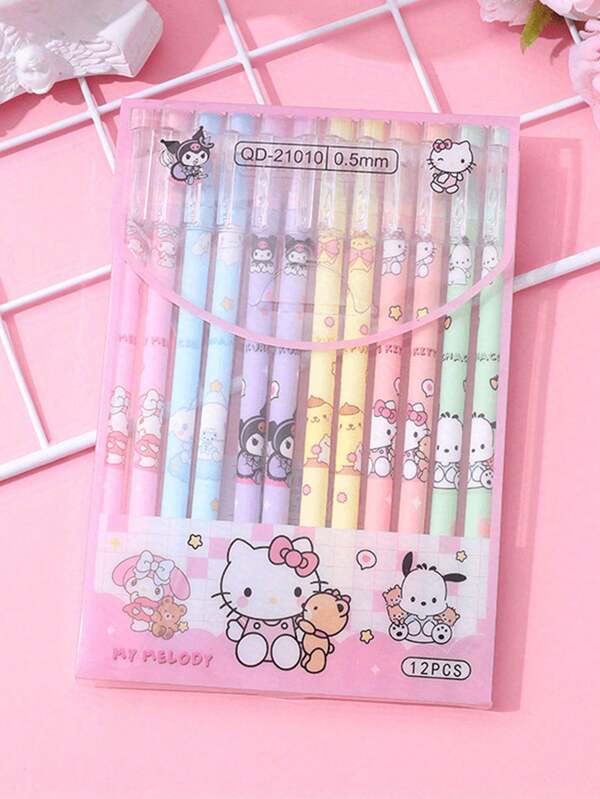 Sanrio 12 Pçs/Conjunto de Canetas Apagáveis para Presente Perfeito - Ponta Fina, Secagem Rápida, Design de Embalagem de Painço Preto e Baunilha, Adequado para Material de Escritório e Escolar