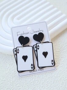 1 par de pendientes colgantes personalizados para fiestas con diseños de cartas de póquer de as de picas y corazones en estilo retro y único de acrílico negro - jugando a las cartas - Ver 4