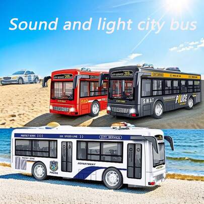 1pc New Simulation Bus Police Fire Truck Model Inertial Car With Light & Sound, Diecast Inertia Toy Vehicle, Pull Back And Push Forward Function, Door Open, Inertial Fall Anti-Fall Bus Model, Suitable For Children's Creative Birthday Gifts,Back To School