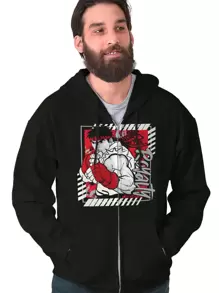 Street Fighter Graphic Zipper Hoodie Vintage Retro  Video Game Character Urban Kanji Streetwear Ryu Royalty Casual Everyday Cotton Printed Thermal Lined Zip Up Drawstring Hooded Sweatshirt - Black - View 1