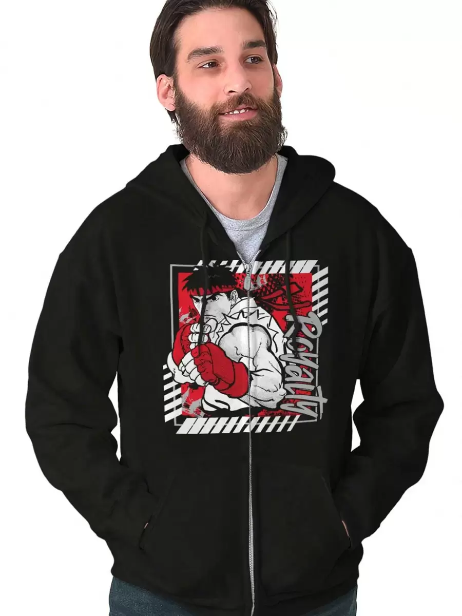 Street Fighter Graphic Zipper Hoodie Vintage Retro Video Game Character Urban Kanji Streetwear Ryu Royalty Casual Everyday Cotton Printed Thermal Lined Zip Up Drawstring Hooded Sweatshirt - Black - View 1