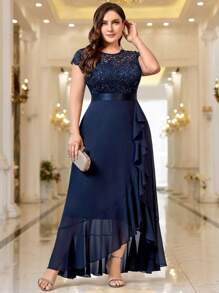 Plus Sequin Floral Lace Chiffon Ruffle Split Thigh Formal Party Long Dress Elegant Prom Evening Wedding Guest Gown, For Graduation, Dinner