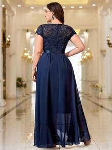 Plus Sequin Floral Lace Chiffon Ruffle Split Thigh Formal Party Long Dress Elegant Prom Evening Wedding Guest Gown, For Graduation, Dinner