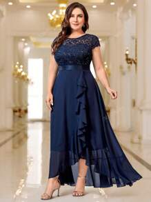 Plus Sequin Floral Lace Chiffon Ruffle Split Thigh Formal Party Long Dress Elegant Prom Evening Wedding Guest Gown, For Graduation, Dinner