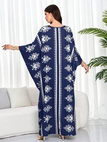 女士时尚通勤 V 领蝙蝠袖印花衬衫裙（带指定印花）