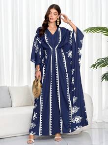 女士时尚通勤 V 领蝙蝠袖印花衬衫裙（带指定印花）