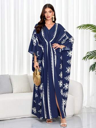 女士时尚通勤 V 领蝙蝠袖印花衬衫裙（带指定印花）