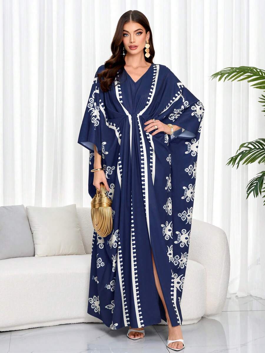 女士时尚通勤 V 领蝙蝠袖印花衬衫裙（带指定印花）