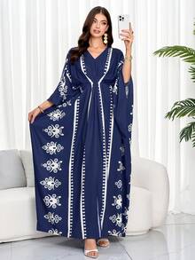 女士时尚通勤 V 领蝙蝠袖印花衬衫裙（带指定印花）