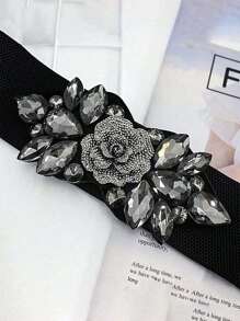 1pc White Rose With Rhinestones Decorative Elastic Waist Belt, Elegant Fashion Accessory For Dresses And Down Jackets Summer, School Fall, Autumn, Halloween