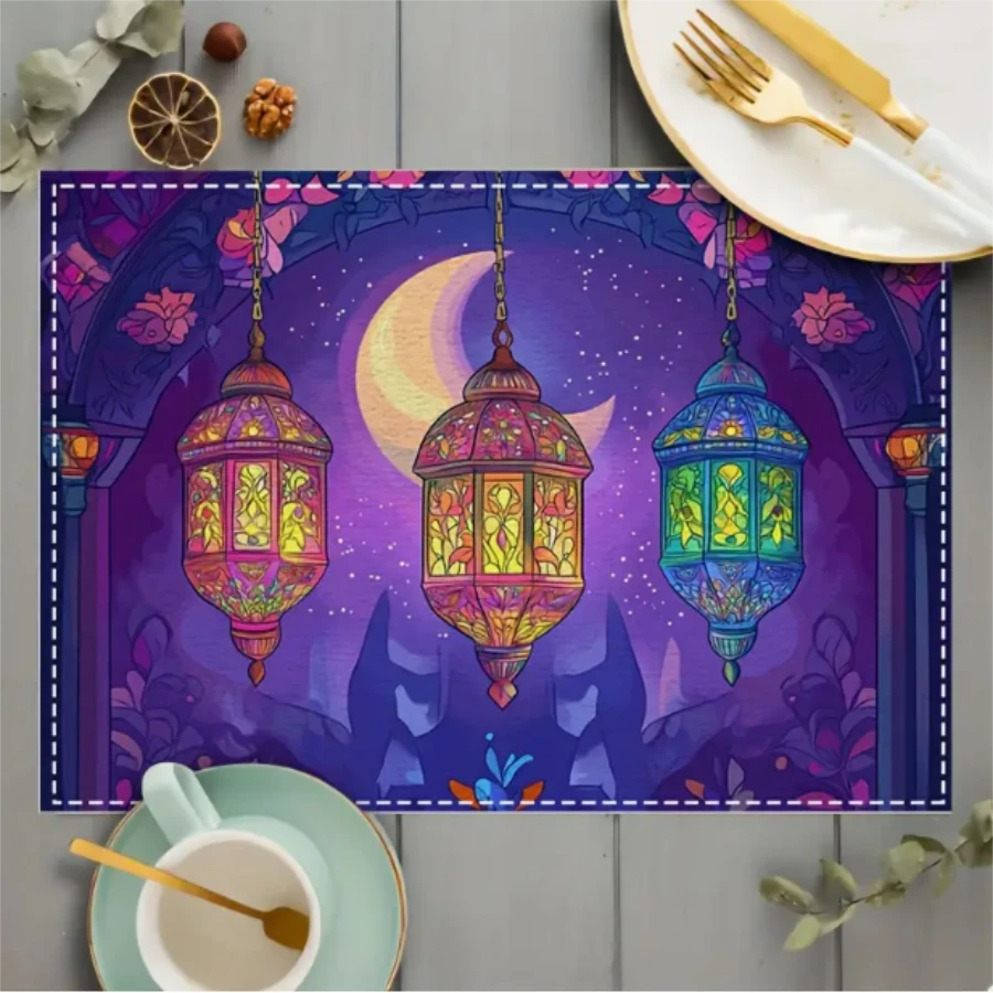 4 X 6 斋月灯笼月亮餐垫，矩形机洗涤纶桌垫 12 * 18 英寸，保护性桌面，隔热餐垫，餐厅装饰，桌面装饰，餐饮用品，适合家庭、斋月、酒店和现代装饰、派对装饰斋月吉祥、斋月穆、斋月装饰、斋月节日、斋月礼物