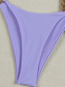 Polovedo Official Women's Summer Beach Solid Color Metal Decor Halter Tie Sexy Bikini Swimsuit Set - Purple - View 5