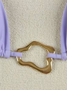Polovedo Official Women's Summer Beach Solid Color Metal Decor Halter Tie Sexy Bikini Swimsuit Set - Purple - View 4