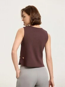 Sleeveless Crew Neck Knit Tank Vest With Side Snaps - Brown - View 2