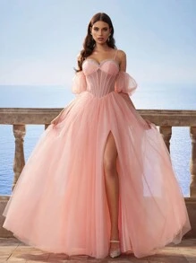 Gorgeous Elegant Noble & Cute Puff Sleeve Corset Valentine's Day Dress, Split Maxi Tulle Sequin Fairy Bridesmaid Dress, Sisters Evening Dress For Party, Wedding Season - Watermelon Pink - View 2