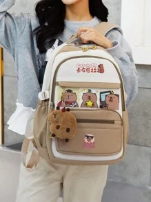1 Pc Cute Capybara Pattern School Bags. Large Capcity Lively Student Bag With Multi Pockets.Fashionable School Bag With Capybara Pendant.Practical Handbag With Lovely Decorative Patterns . - Multicolor - View 8