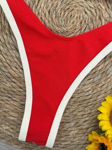 Nuevo Llegado Oficial Polovedo Primavera/Verano Traje de Baño Bikini de Mujer Elegante Sexy con Empalme Rojo y Blanco, para Playa, Vacaciones, Fiesta y Citas - Rojo - Ver 5