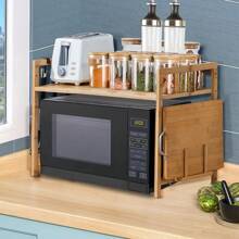 Étagère micro-ondes, support micro-ondes en bambou, support micro-ondes avec support pour planche à découper et 4 crochets, support micro-ondes multifonctionnel en bois pour cuisines, 52 x 30 x 35 cm