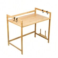 Étagère micro-ondes, support micro-ondes en bambou, support micro-ondes avec support pour planche à découper et 4 crochets, support micro-ondes multifonctionnel en bois pour cuisines, 52 x 30 x 35 cm