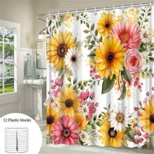 1pc Watercolor Floral Print Shower Curtain, Sunflower Yellow Daisy Flower Shower Curtain, Polyester Fabric Washable Bathroom Curtains, Bathroom Decor With Hooks, Bathroom Accessories Fall Decor Back To School