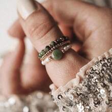Juego de 3 anillos de mujer con piedras naturales y perlas falsas, de acero inoxidable minimalista de alta gama, apropiado para uso diario, vacaciones, boda y fiesta
