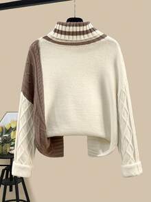 طقم بلوزة وتنورة نسائي فضفاض عصري بياقة عالية، أكمام طويلة، تصميم ألوان متباينة، مناسب للخريف والشتاء - متعدد الألوان - مشاهدة 3