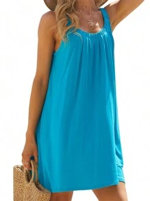 Women's Summer Short Beach Dress Solid Color Sleeveless Backless U Neck Beachwear - 藍色 - 查看 2
