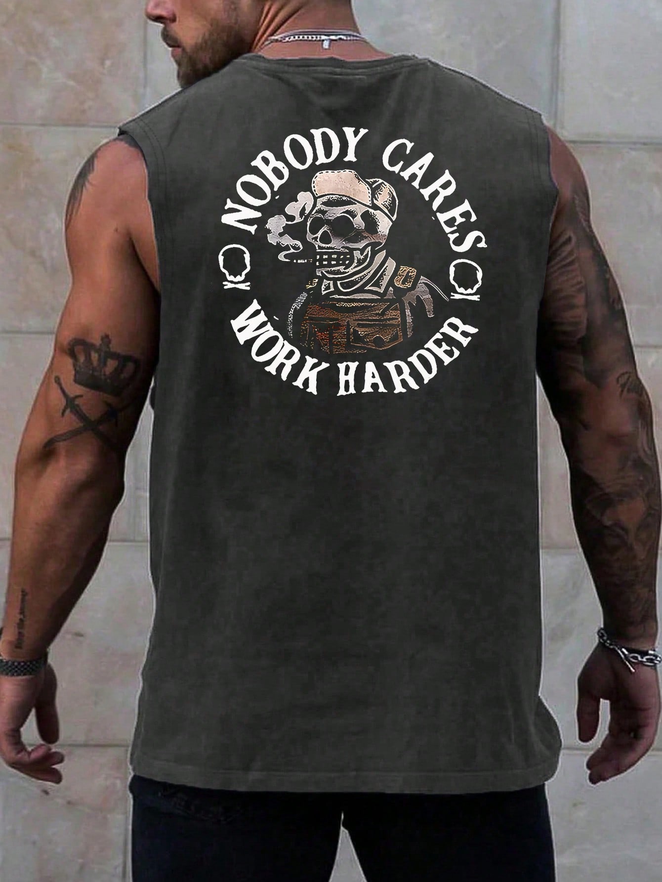Men's Casual Slogan Skull Print Round Neck Vest