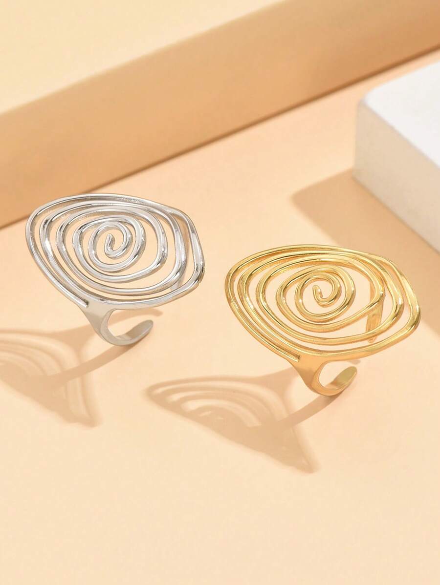 1 pieza Anillo abierto vintage de acero inoxidable con espiral geométrica hueca, creativo, asimétrico y ajustable, para cóctel de mujer - anillo único - Ver 1
