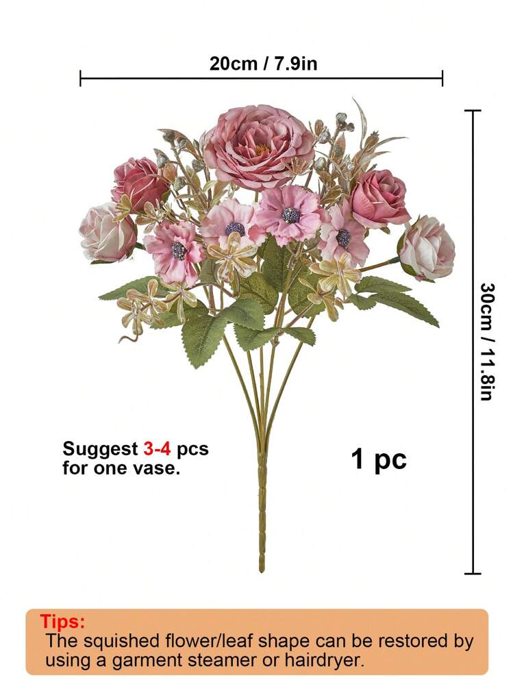 1 bouquet de fleurs artificielles de rose, fleurs de pivoines factices, bouquet de fleurs en soie de pivoines, roses, marguerites. Fleurs lâches, convient pour la décoration de la maison, du mariage, de la fête, centre de table, la Saint-Valentin, les cadeaux - Rose bonbon - Voir 2
