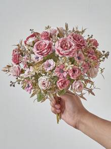 1 束人造玫瑰花假牡丹花束丝绸牡丹玫瑰雏菊花散装适用于家庭婚礼派对装饰桌面摆件、情人节、礼物