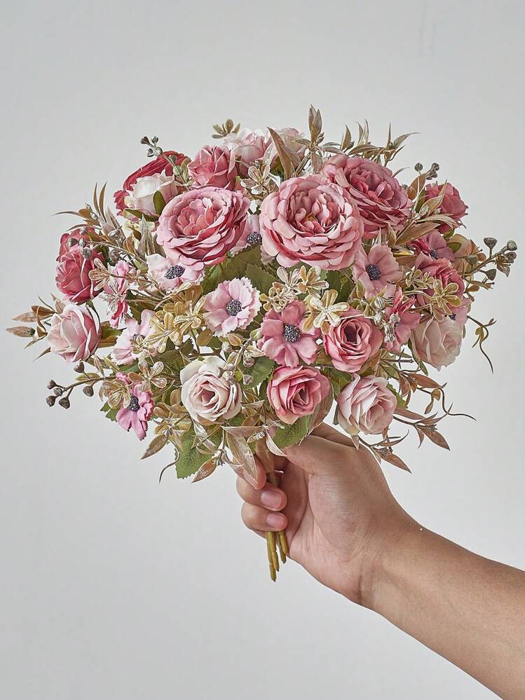 1 bouquet de fleurs artificielles de rose, fleurs de pivoines factices, bouquet de fleurs en soie de pivoines, roses, marguerites. Fleurs lâches, convient pour la décoration de la maison, du mariage, de la fête, centre de table, la Saint-Valentin, les cadeaux - Rose bonbon - Voir 6