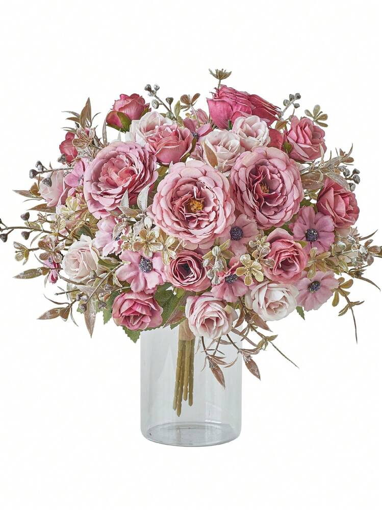 1 bouquet de fleurs artificielles de rose, fleurs de pivoines factices, bouquet de fleurs en soie de pivoines, roses, marguerites. Fleurs lâches, convient pour la décoration de la maison, du mariage, de la fête, centre de table, la Saint-Valentin, les cadeaux - Rose bonbon - Voir 4