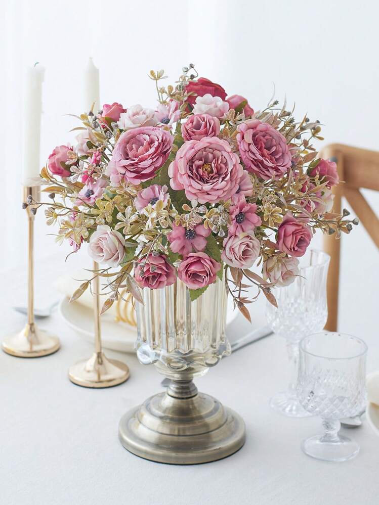 1 bouquet de fleurs artificielles de rose, fleurs de pivoines factices, bouquet de fleurs en soie de pivoines, roses, marguerites. Fleurs lâches, convient pour la décoration de la maison, du mariage, de la fête, centre de table, la Saint-Valentin, les cadeaux - Rose bonbon - Voir 3