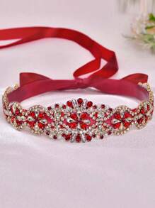 1pc Burgundy Rhinestone Bridal Belt, Sparkling Crystal Decor Belt, Suitable For Wedding Dress, Elegant Belt, Perfect For Christmas Party Formal Occasions - Burgundy Ribbon - View 5
