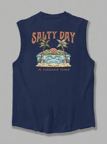 Coastal | 男士轻薄夏季度假棕榈树字母印花圆领休闲背心 - 藏蓝色 - 查看 5