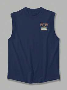 Coastal | 男士轻薄夏季度假棕榈树字母印花圆领休闲背心 - 藏蓝色 - 查看 6