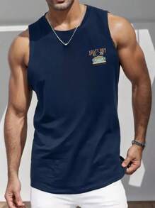 Coastal | 男士轻薄夏季度假棕榈树字母印花圆领休闲背心 - 藏蓝色 - 查看 4