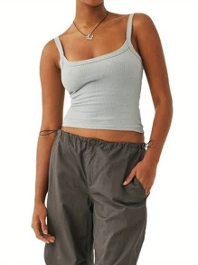 Womenacute;S Solid Color Tank Tops, Basic Sleeveless Scoop Neck Slim Fit Shirts Ribbed Tops - Light Grey - View 2