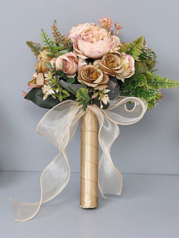 1 pieza Ramo de mano de novia o dama de honor con peonías y rosas, decoración realista y elegante romántica para fiesta de boda, festival, regalo, flor para el Día de San Valentín