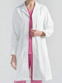 女士纯色休闲前扣长袖实验室大衣