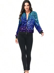 Womens Sequin Long Sleeve Front Zip Jacket With Ribbed Cuffs Bomber For Party - Z-藍色-寶藍-紫色 - 查看 5