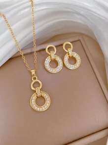 1pc Stainless Steel Chain Necklace And Earrings Set, Luxury Rhinestone Interlock Pendant And Earring Jewelry Gift - Gold - View 5