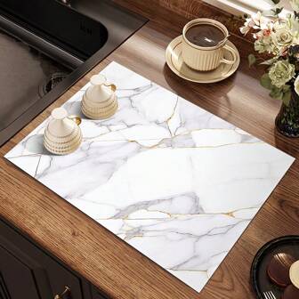 1pc White Marble Pattern Kitchen Counter Mat, Dish Drying Mat, Coffee Bar Mat, Rubber Bottom Non-Slip Heat Resistant Drainage Mat, Highly Absorbent And Durable Dish Drying Pad, Suitable For Kitchen, Dining Room, Patio Table Decor, Kitchen Supplies