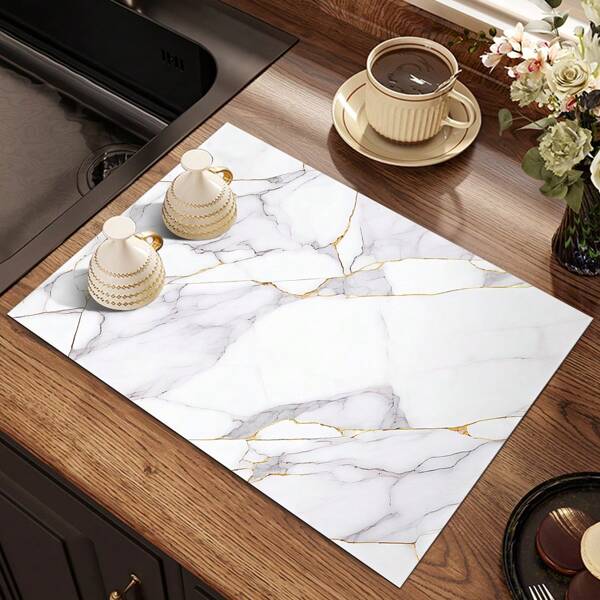1pc White Marble Pattern Kitchen Counter Mat, Dish Drying Mat, Coffee Bar Mat, Rubber Bottom Non-Slip Heat Resistant Drainage Mat, Highly Absorbent And Durable Dish Drying Pad, Suitable For Kitchen, Dining Room, Patio Table Decor, Kitchen Supplies