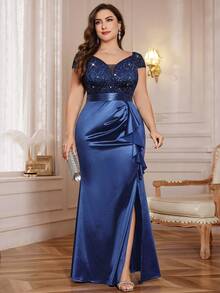 Plus Size V-Neck Contrast Color Lace Sequin Patchwork Ruffle Hem Satin Evening Dress, Suitable For Wedding Guest, Gala, Valentine's Day, Birthday, Homecoming, Graduation, Holiday Occasions - Navy Blue - View 4