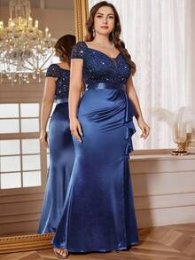 Plus Size V-Neck Contrast Color Lace Sequin Patchwork Ruffle Hem Satin Evening Dress, Suitable For Wedding Guest, Gala, Valentine's Day, Birthday, Homecoming, Graduation, Holiday Occasions - Navy Blue - View 6